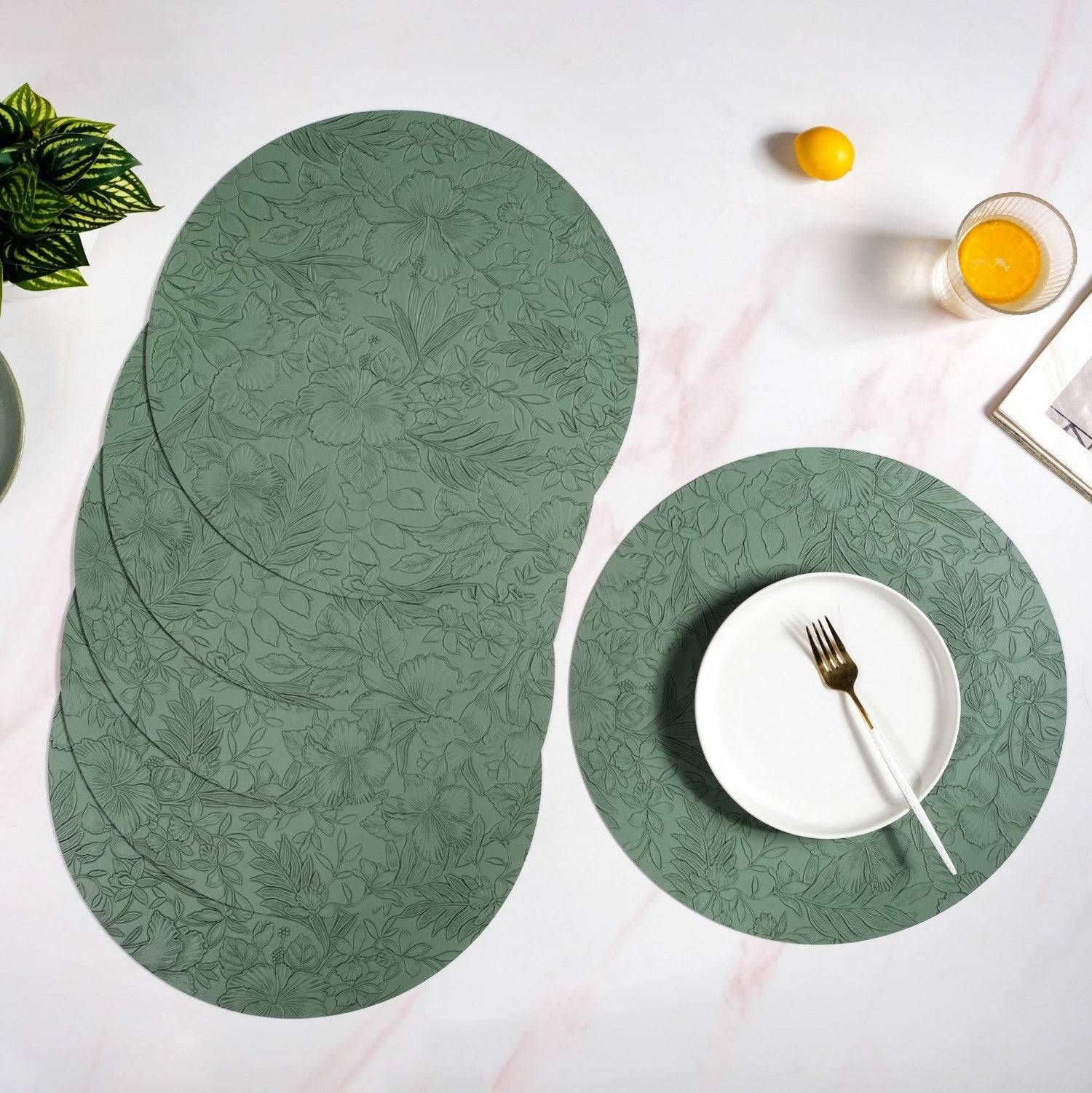 Green Embossed Hibiscus Round Placemats Set Of 6 buy only at ₹1395