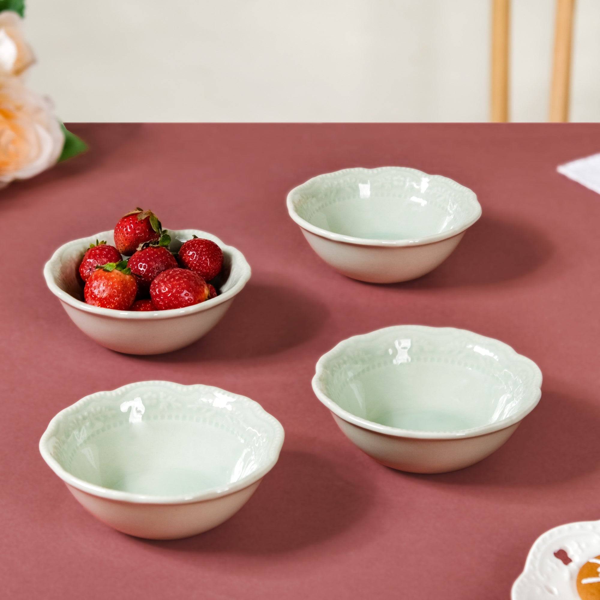 Vintage Floral Round Ceramic Bowl Set Of 4 Light Green 150ml
