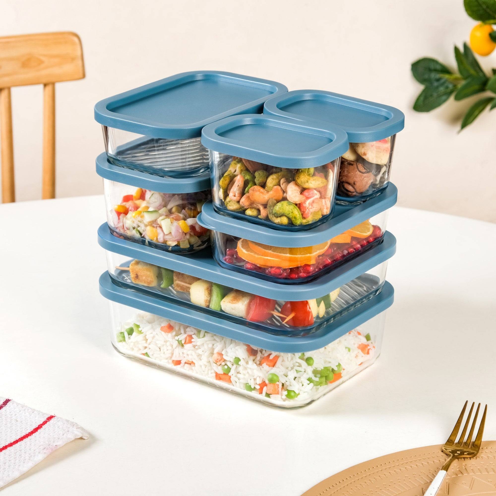 Groovo Stackable Glass Airtight Food Storage Containers Set Of 7 S 310ml M 520ml L 750ml XL 1200ml XXL 1700ml