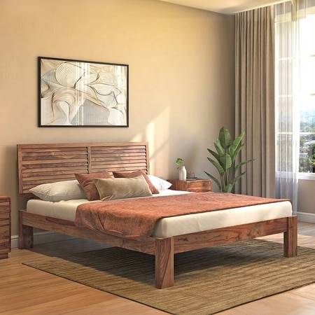 Terence Solid Wood King Size Bed In Teak Finish