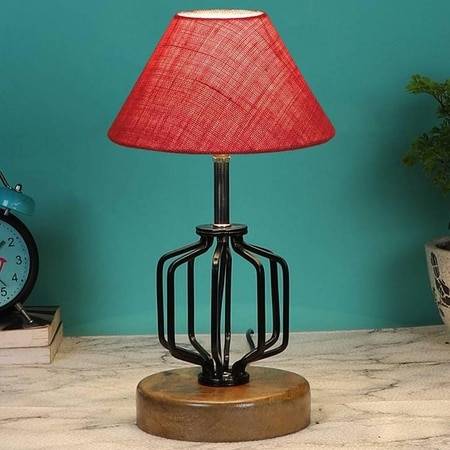 Adelynn Pink Jute Table lamp with Wood & Iron Base