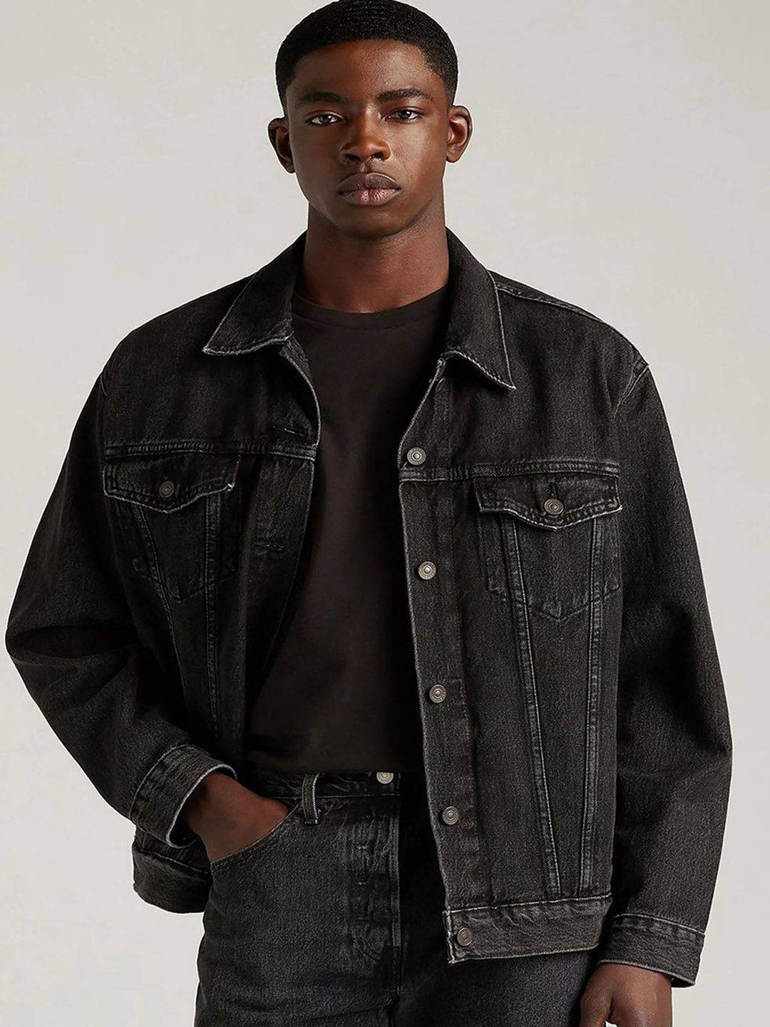 Kotty Men Spread Collar Solid Denim Jacket