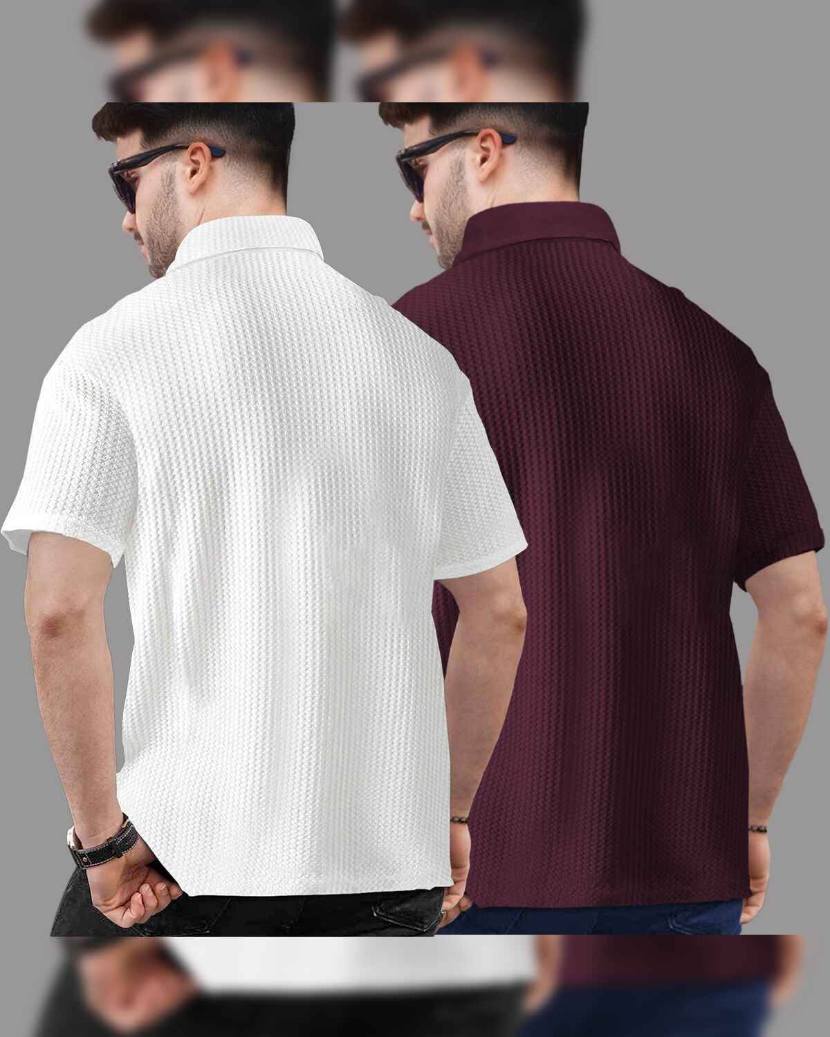 (Pack Of 2) Polo Collar  Waffle Textured White-Maroon T-shirts