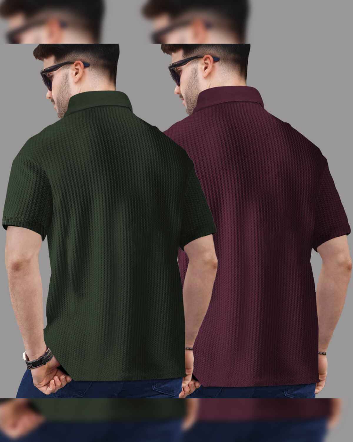 (Pack Of 2) Polo Collar  Waffle Textured Olive-Maroon T-shirts