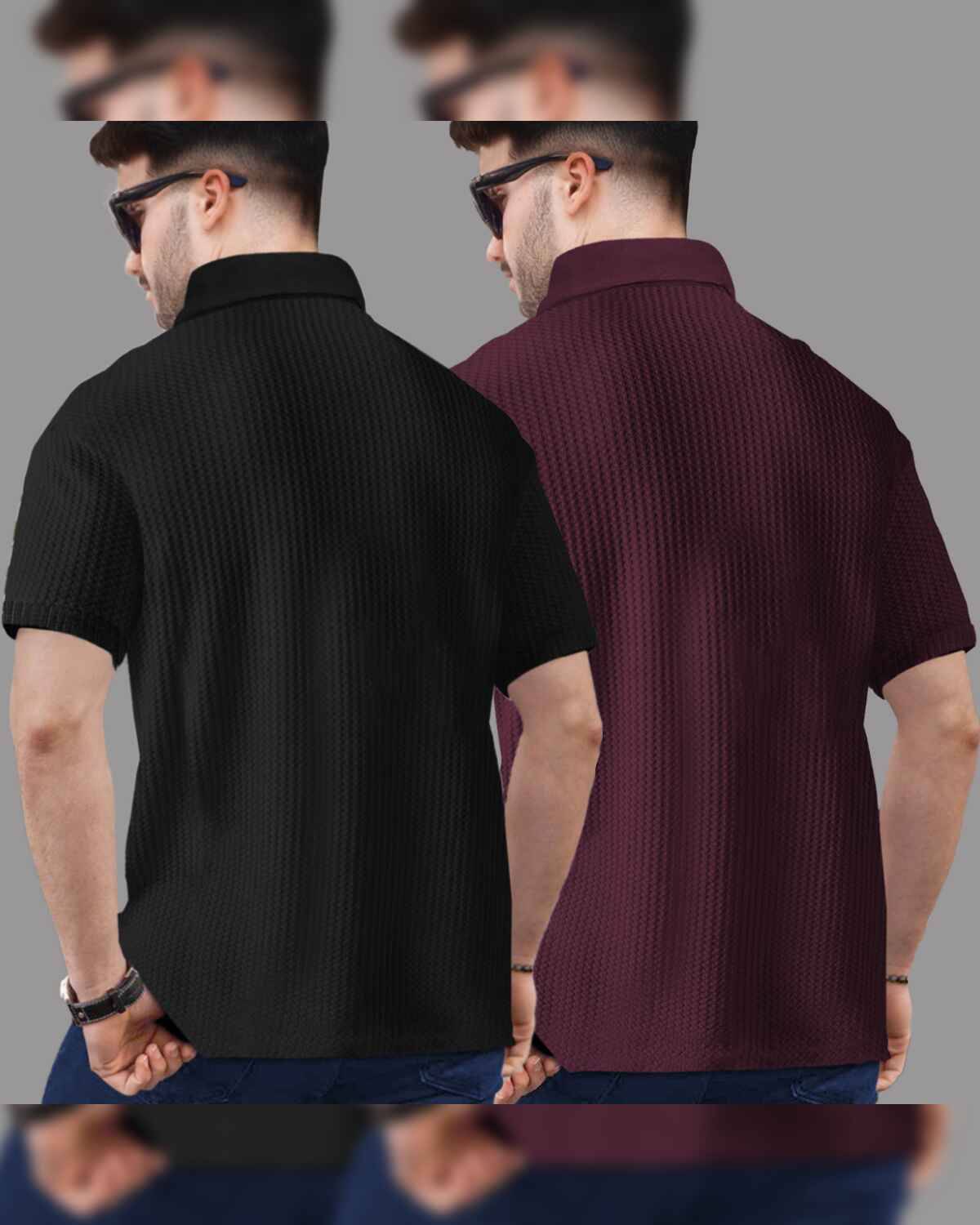(Pack Of 2) Polo Collar  Waffle Textured Black-Maroon T-shirts