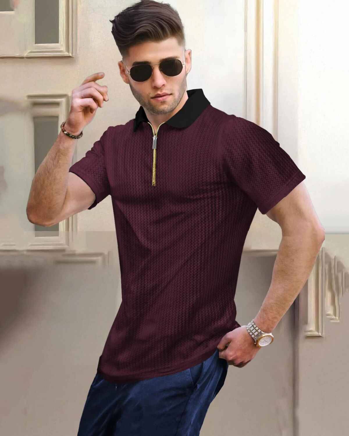 Men Half Sleeve Plain Maroon & Black Textured Waffle T-Shirt