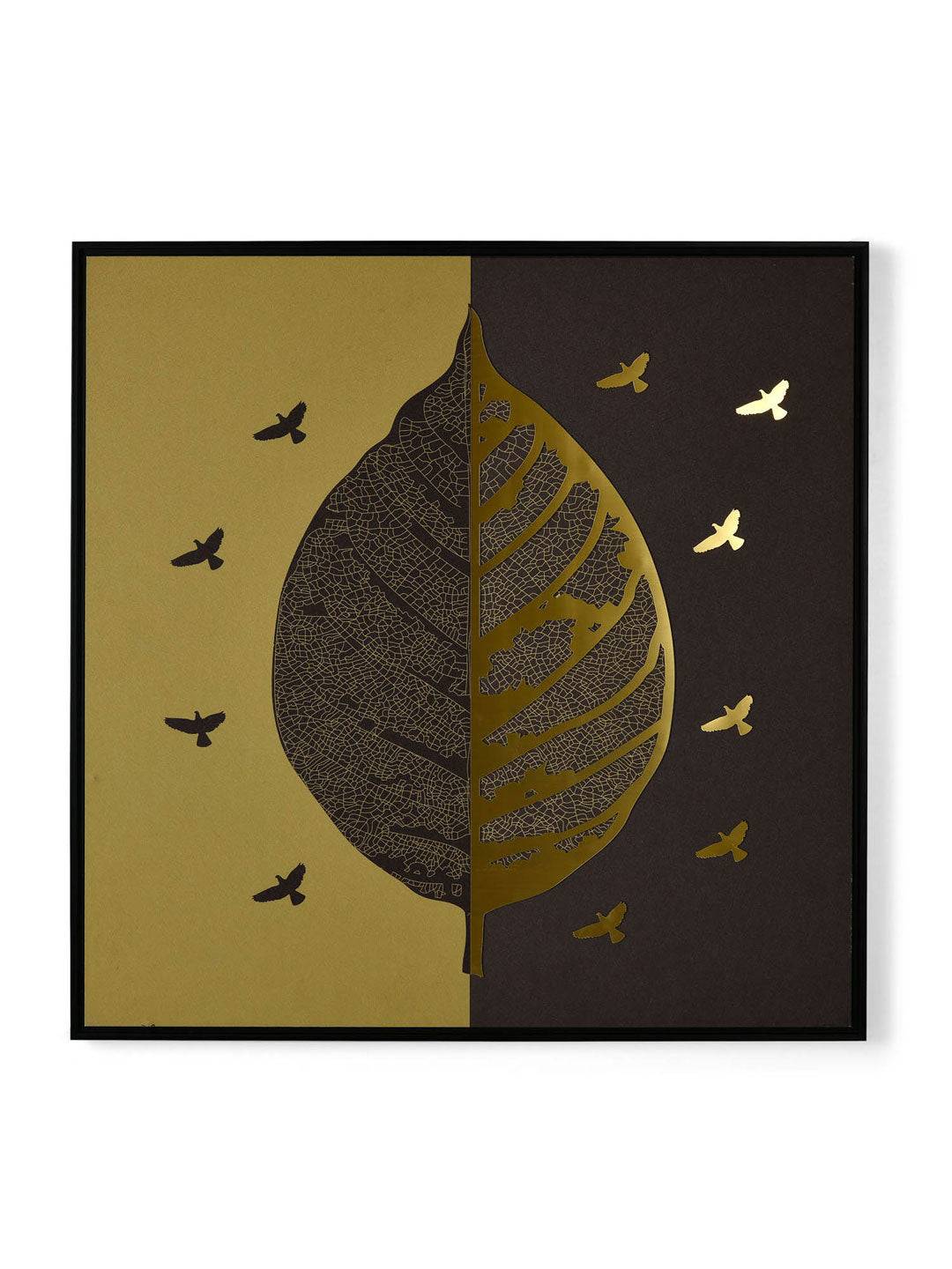 Leaf With Birds Painting- Gold