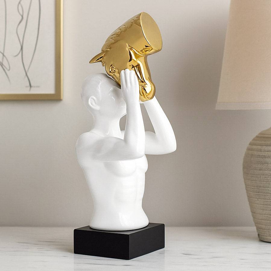 Man and Horse Ceramic & MDF Showpiece- White & Gold