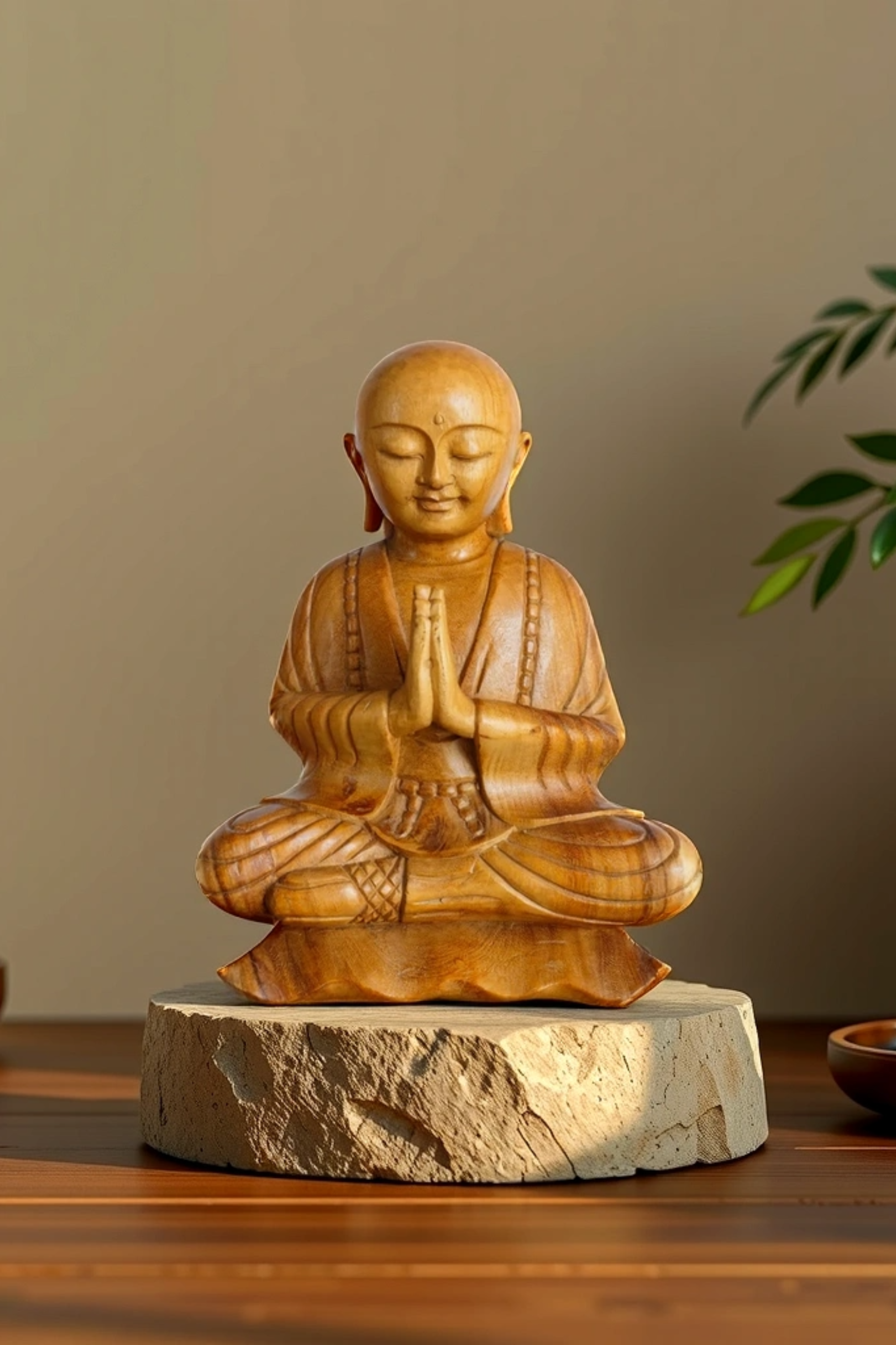 Hand Carved Wooden Praying With Peace Monk Statue - Style 2