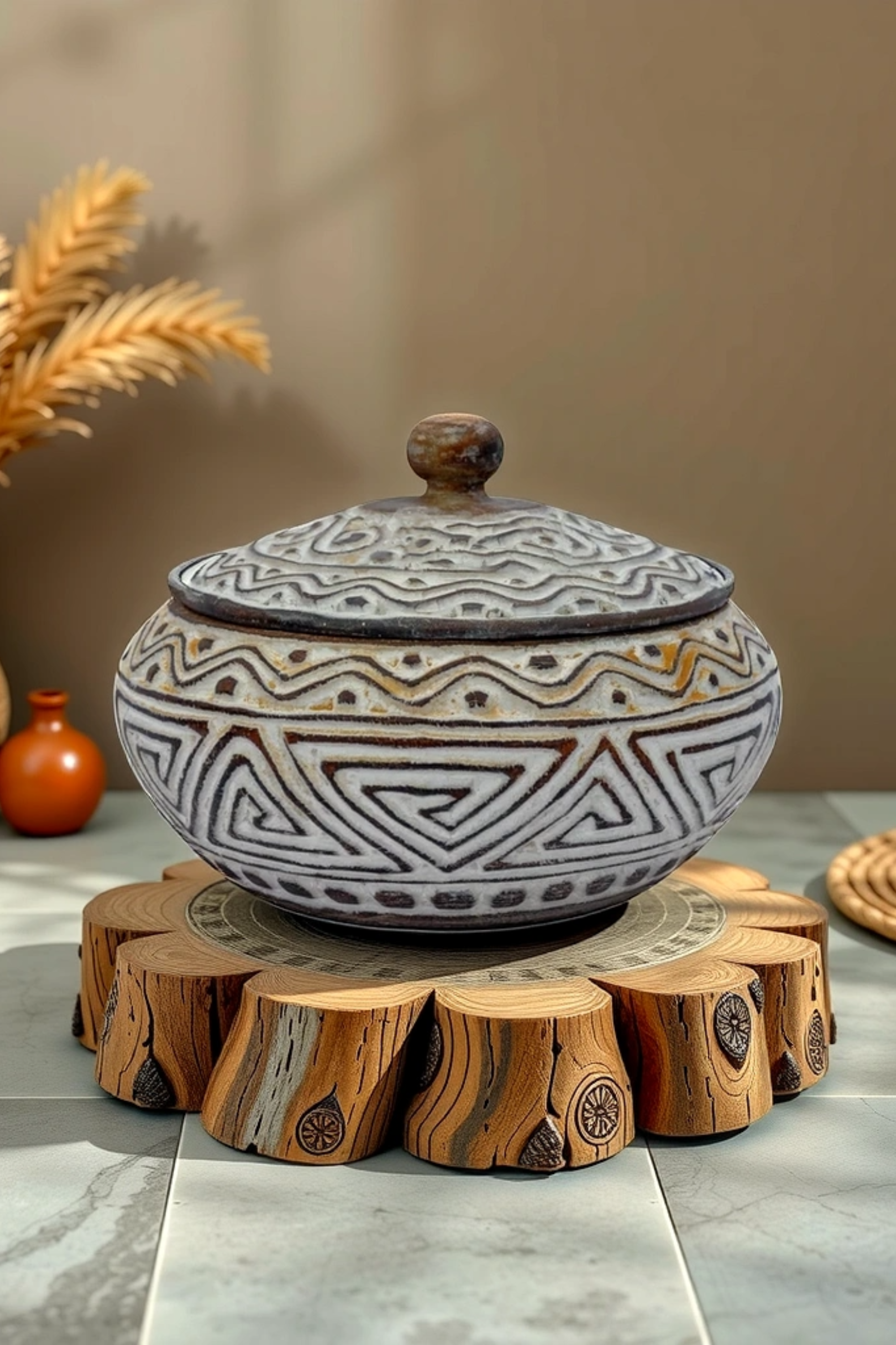 Tribal Hand Carved Timor Style Wooden Bowls With Lids - Style 6