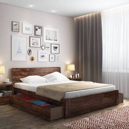 Boston Solid Wood Queen Size Drawer Storage Bed In Teak Finish