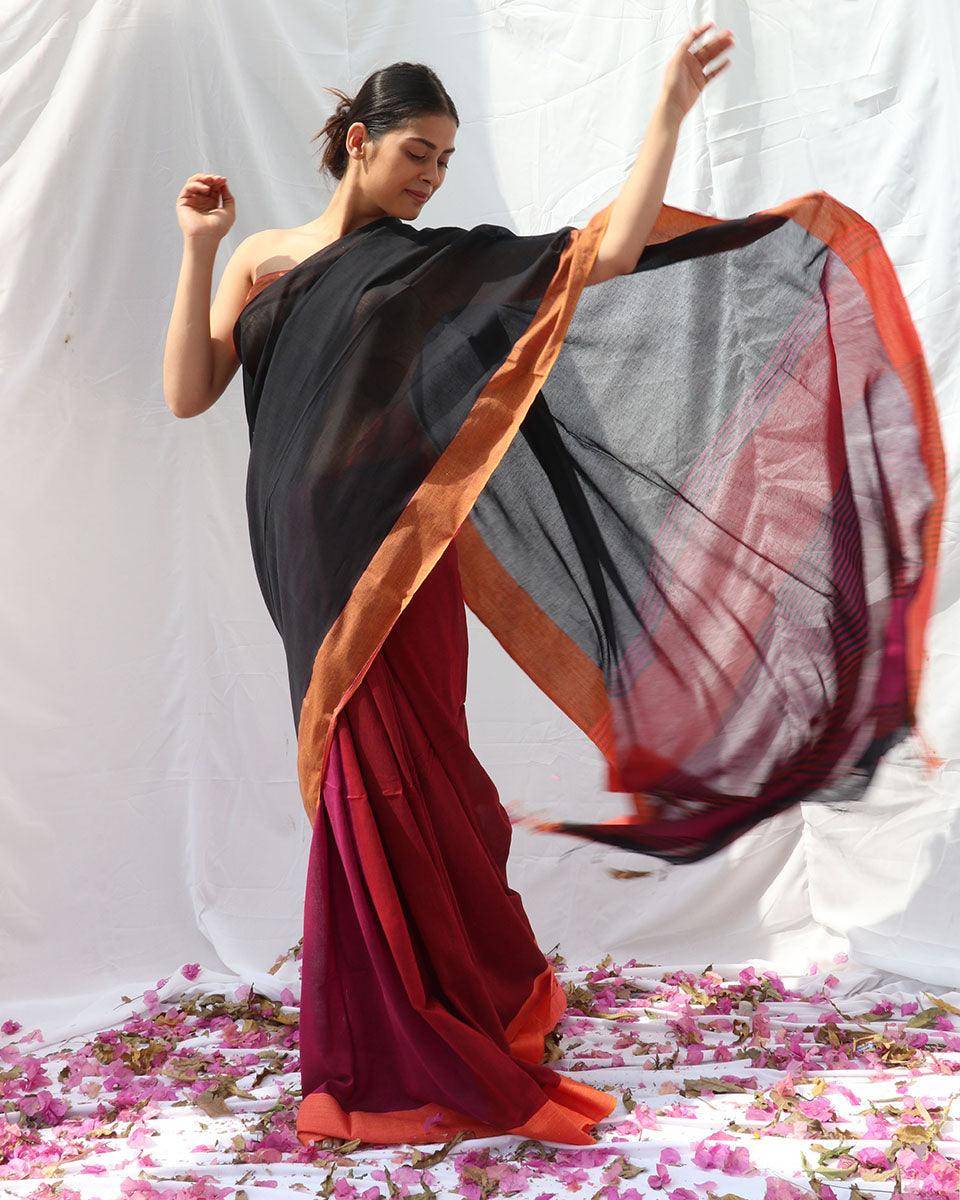 Belladonna Black Pink Handwoven Cotton Saree - LIDD