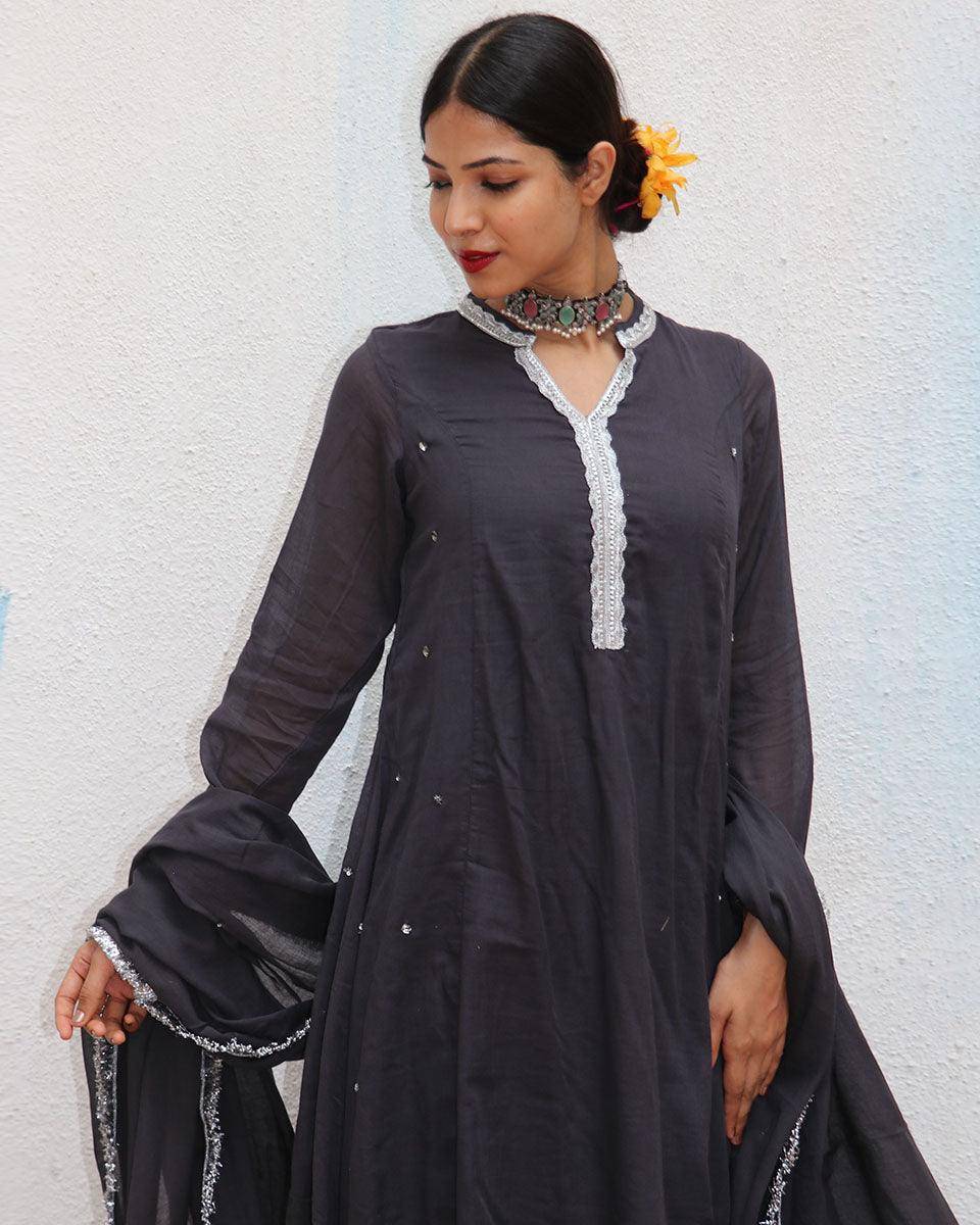 Tej Black Mulmul Cotton Kurta Set with Dupatta Set of 3 - Jugnoo
