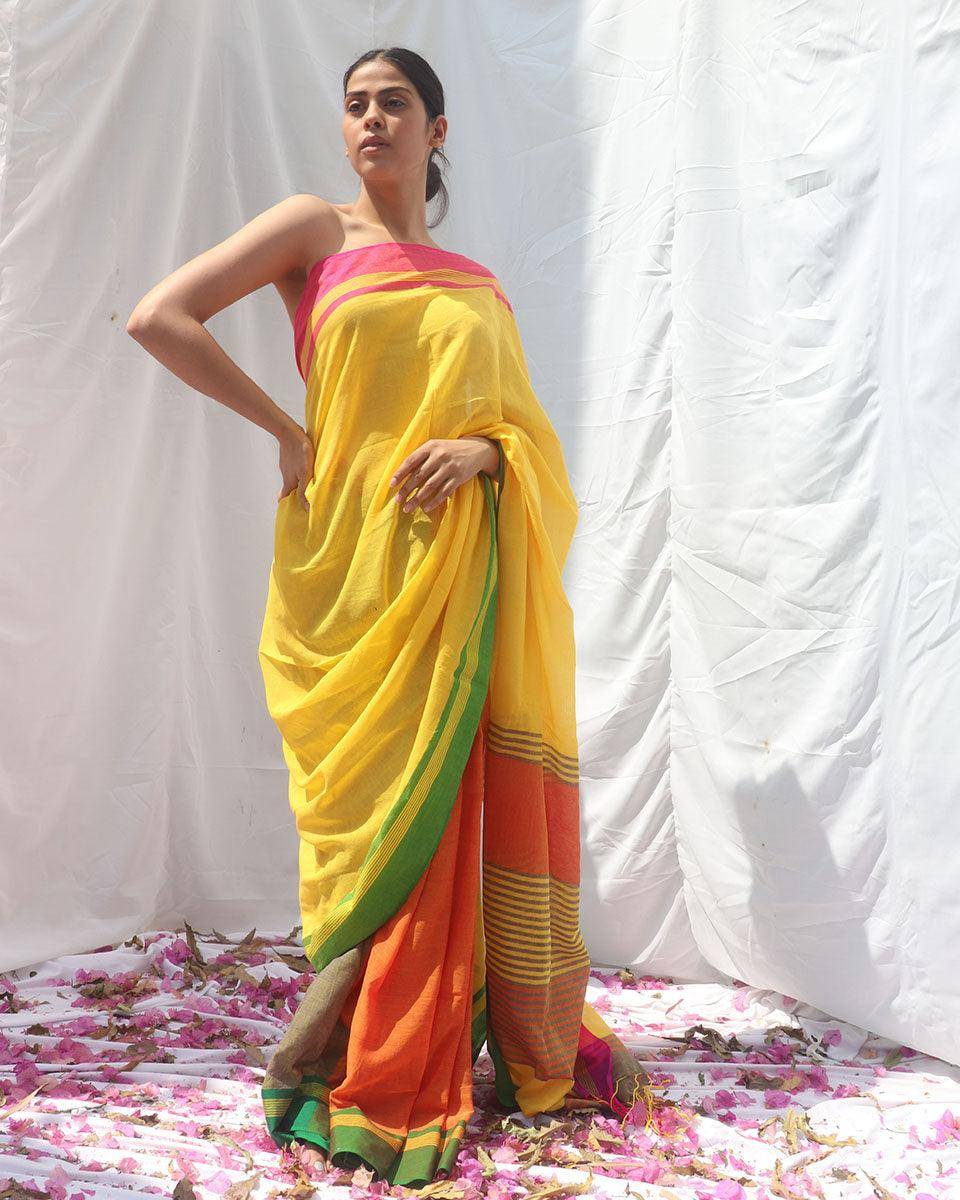 Subarnalata Yellow Orange Handwoven Cotton Saree - LIDD