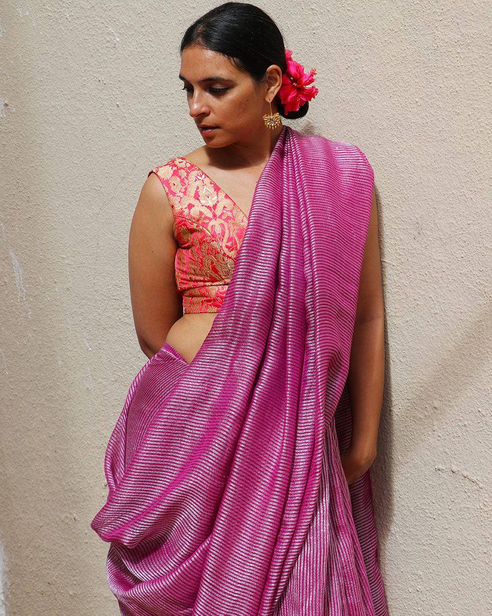 Madhumayi Purple Handwoven Linen Zari Saree - TOG