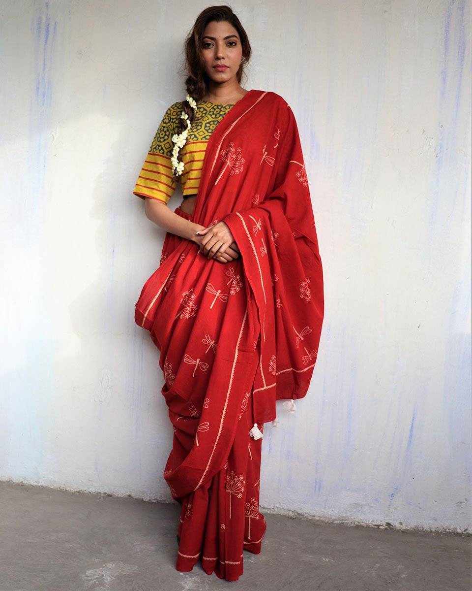 Red Blockprinted Cotton Mul Saree - God