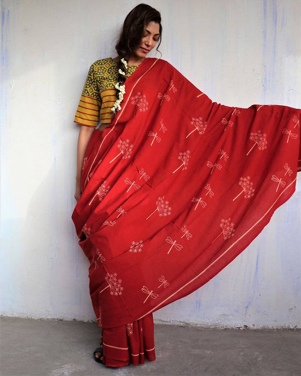 Red Blockprinted Cotton Mul Saree - God