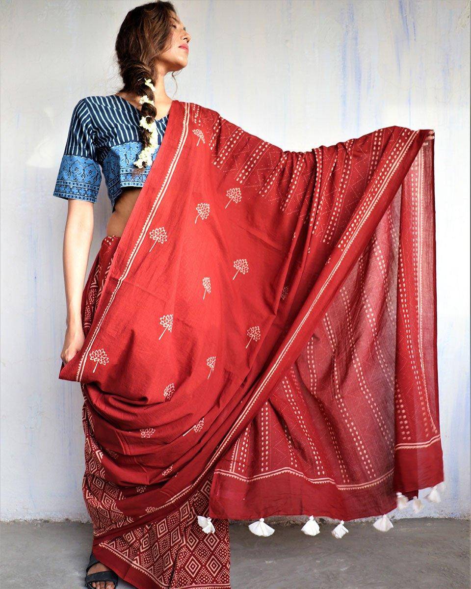 Marron Blockprinted Cotton Mul Saree - God