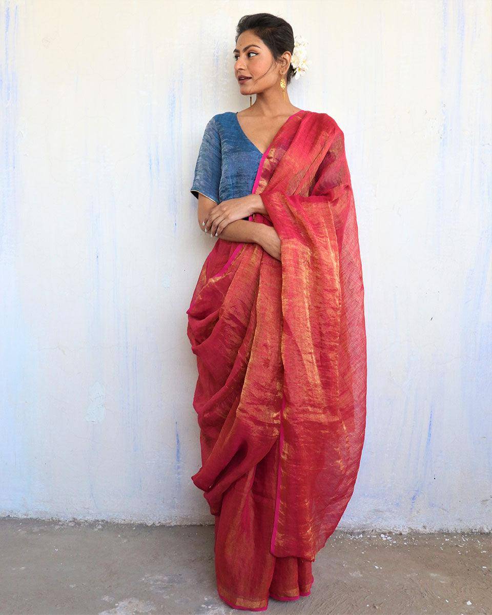 Inaayat Pink Handwoven Linen Saree-Melting Moon
