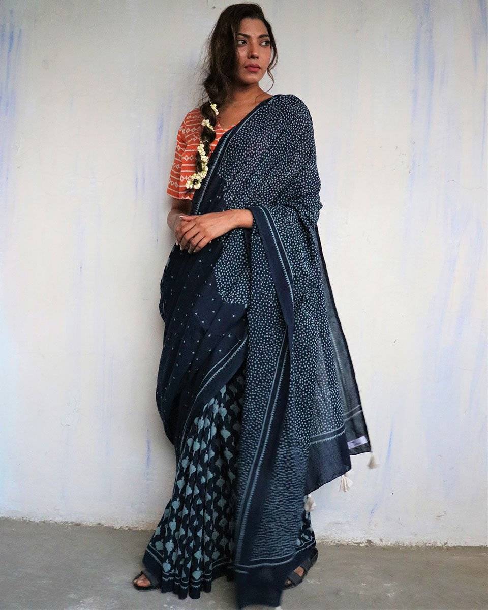 Blue Blockprinted Cotton Mul Saree - God
