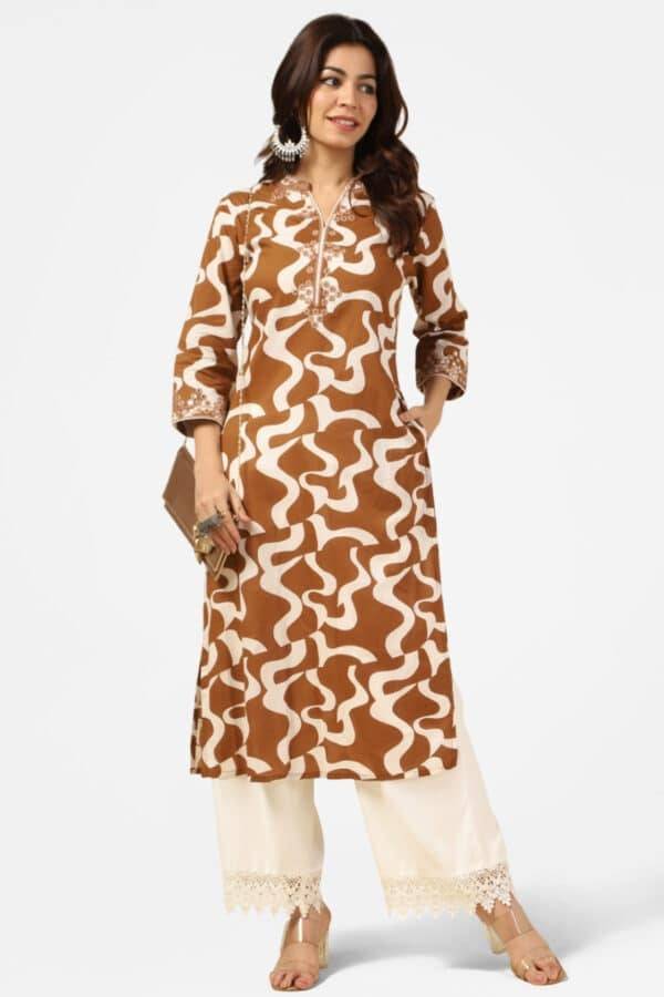 Brown & White Embroidered Mandarin Collar Kurti