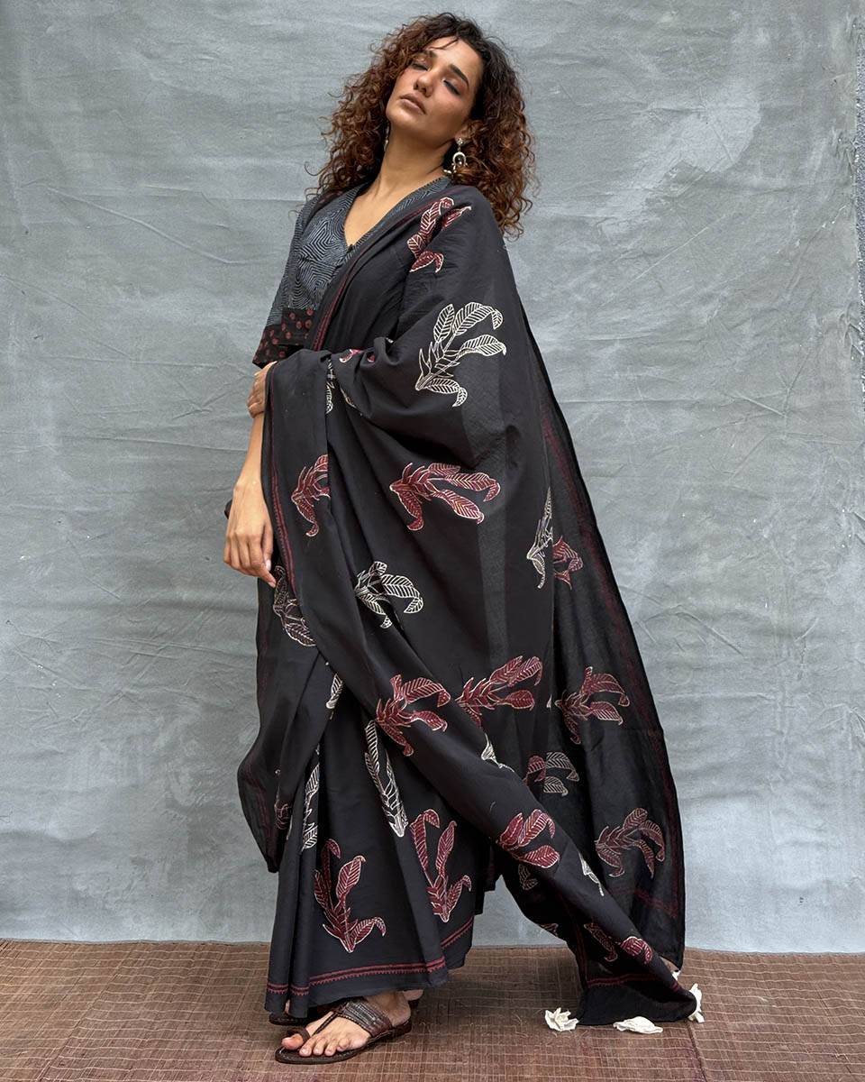 Raindrop Black Block printed Cotton Saree