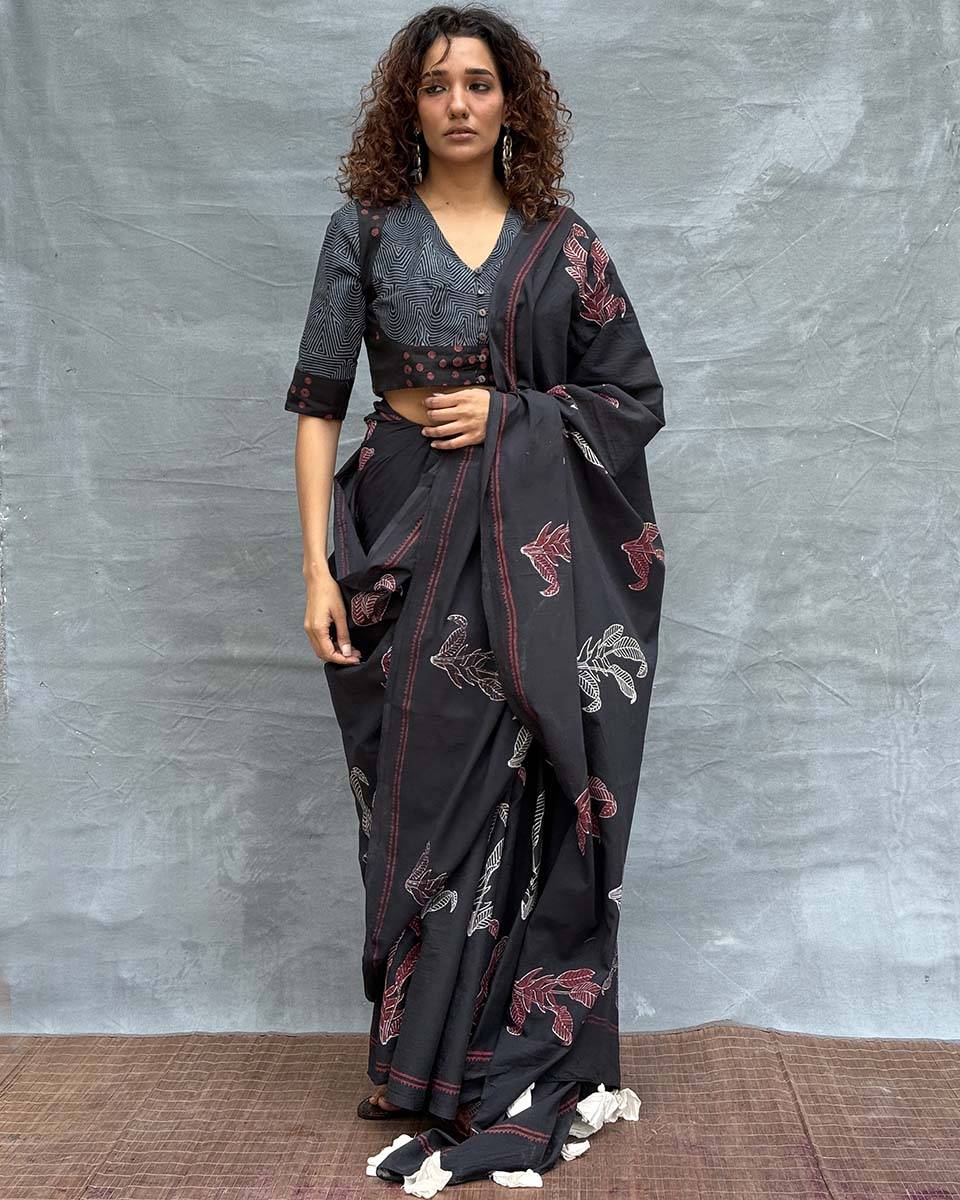Raindrop Black Block printed Cotton Saree