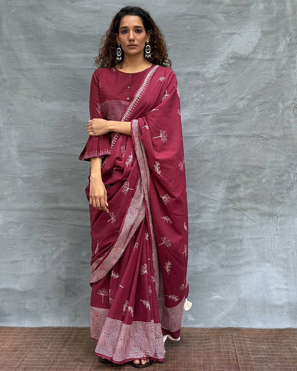 Wings over Waters Blockprinted Cotton Saree - Soil