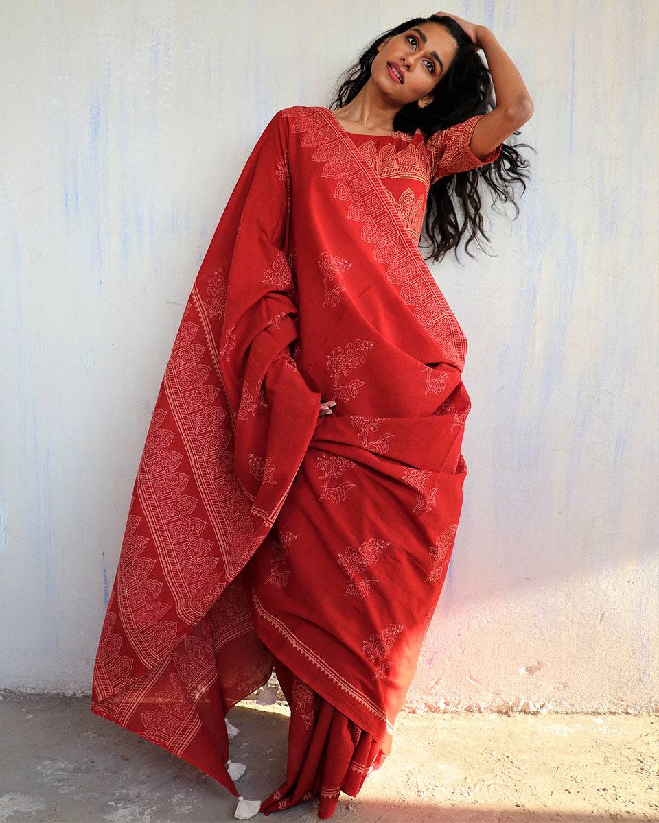 Cynthia Hand Blockprinted Cotton Saree- Butterfly Girls