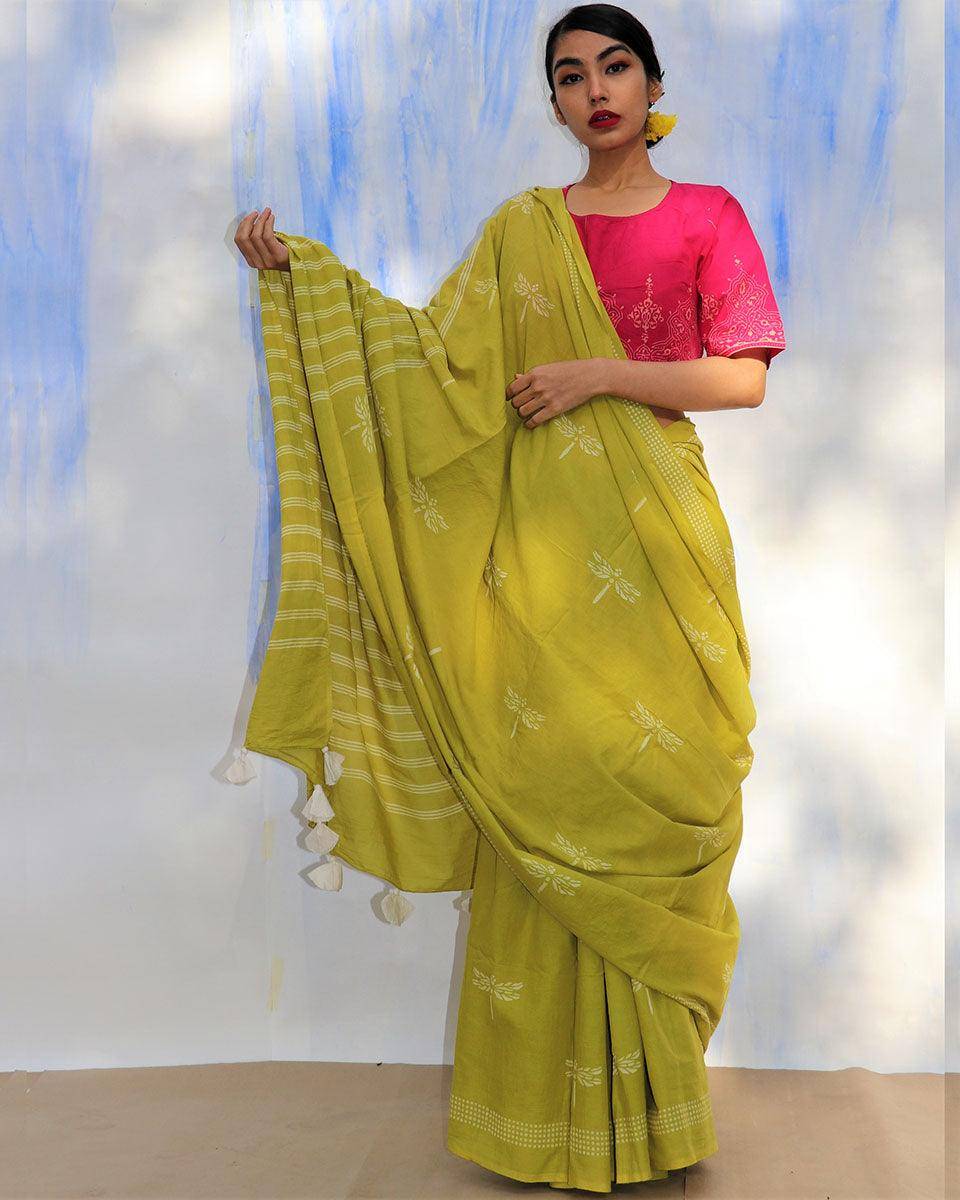 Melody Of Parrots Handblockprinted Cotton Saree-Skd