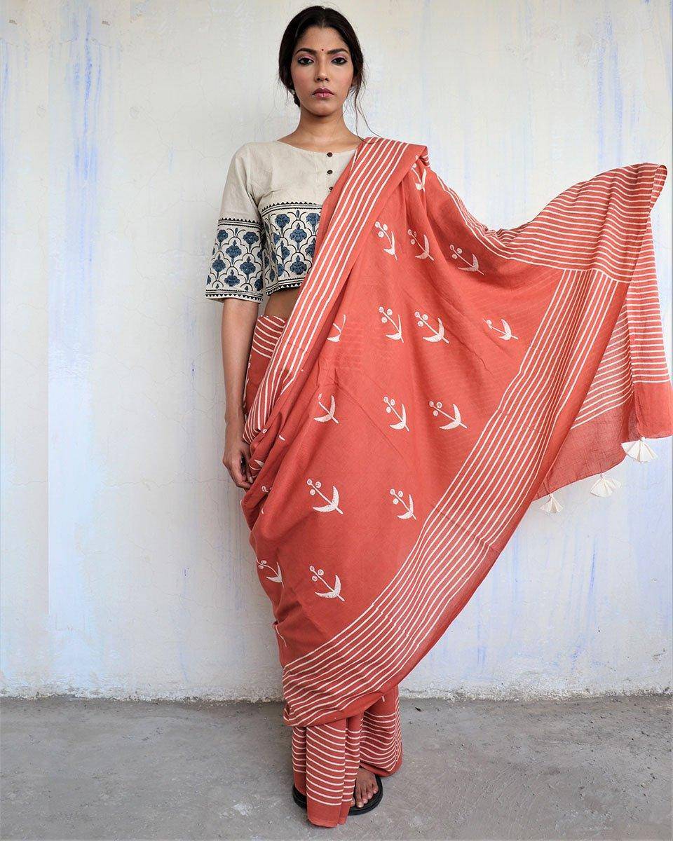 Rust Block Printed Cotton Mul Saree -God