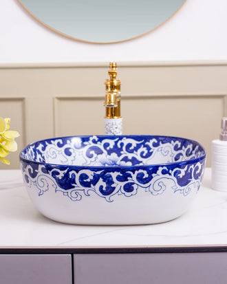 Peony Blue & White Porcelain Counter Top Basin