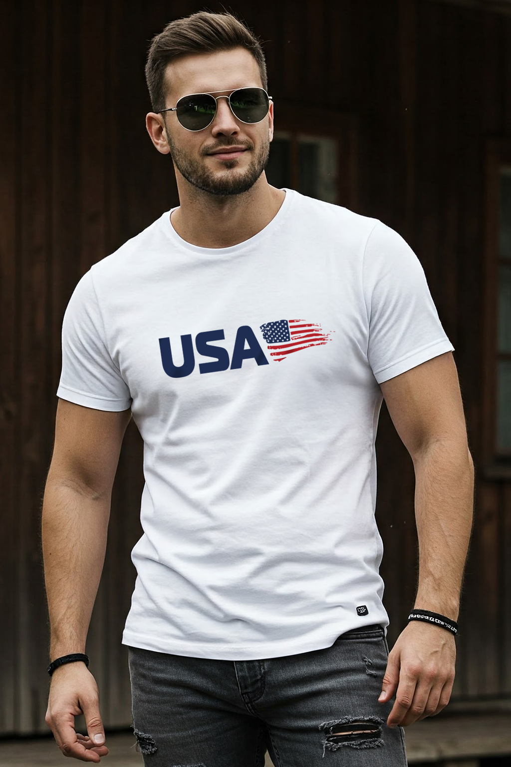 USA White Regular Fit Printed T-shirt