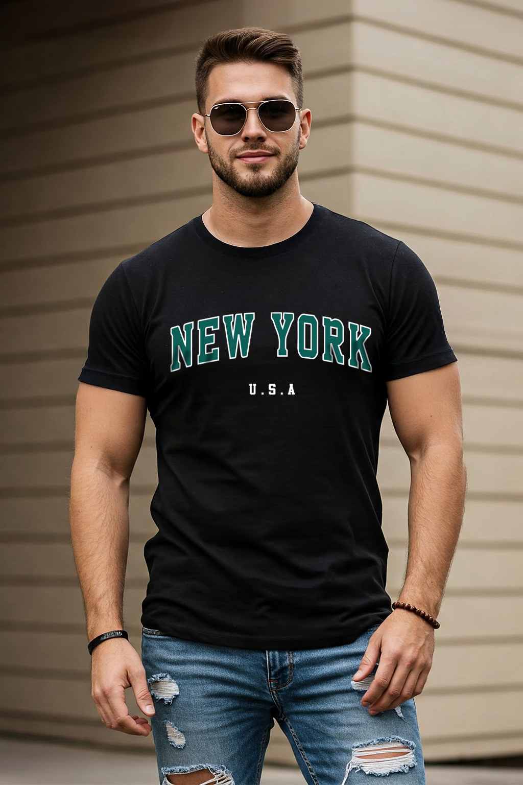 New York Black Regular Fit Printed T-shirt