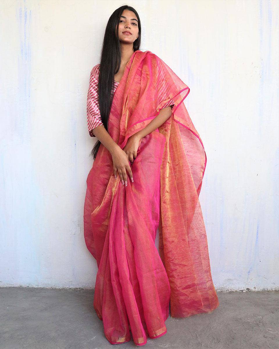 Eliana Handwoven Linen Saree-Melting Moon