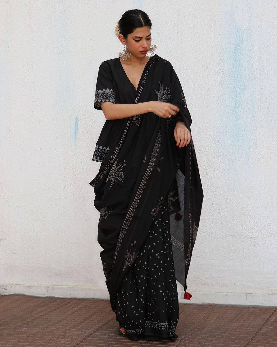 Isla Blockprinted Cotton Saree  - NOMAD