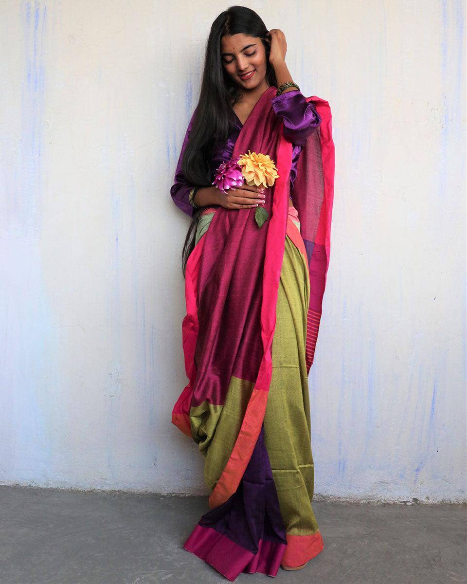 Ahona Handwoven Pure Cotton Viscose Saree  - Holi