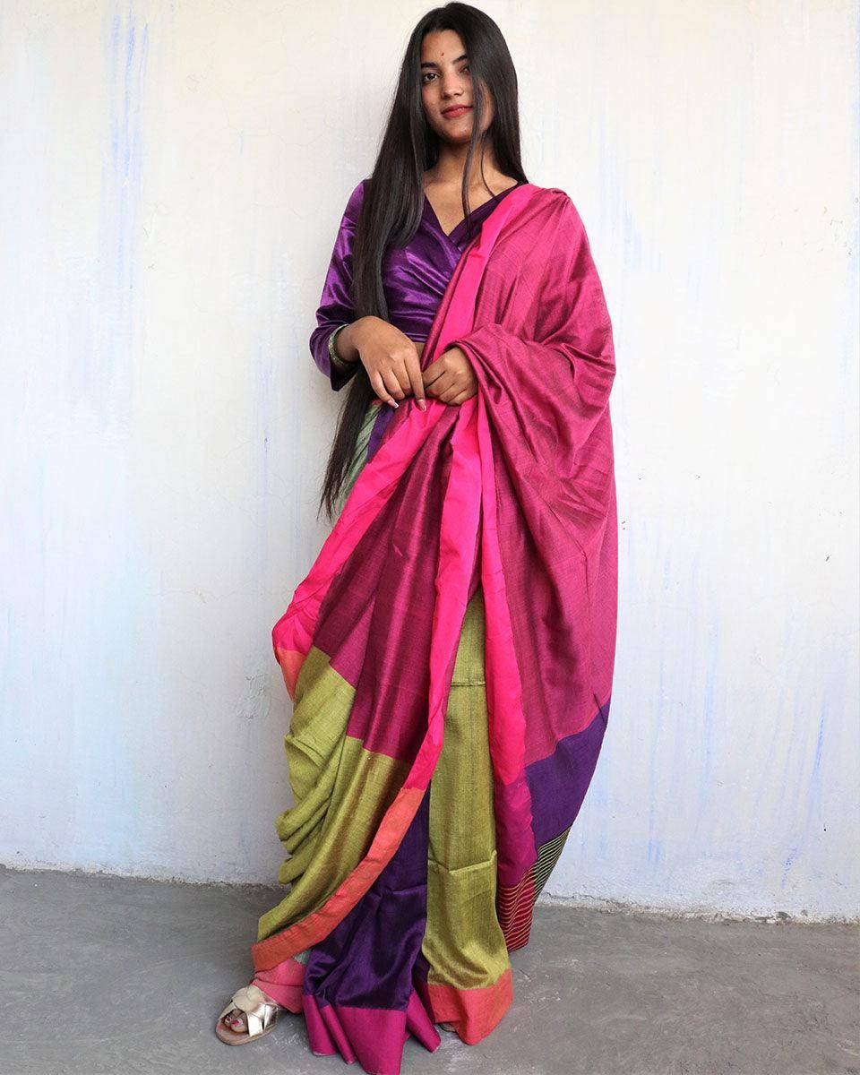 Ahona Handwoven Pure Cotton Viscose Saree  - Holi