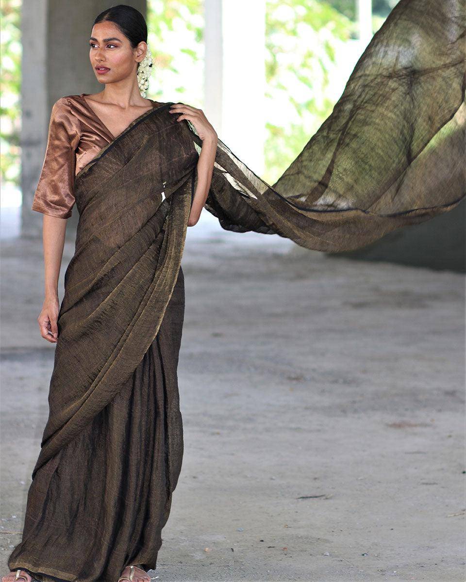 Black Zari Pure Handwoven Linen Saree-Manjari