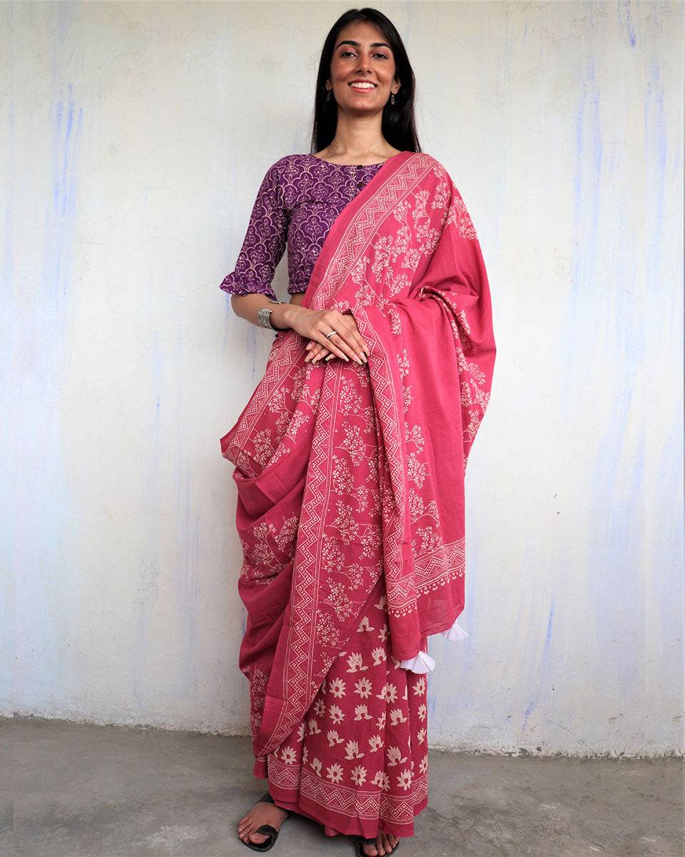 Tavleen Blockprinted Cotton Saree - Ajooni