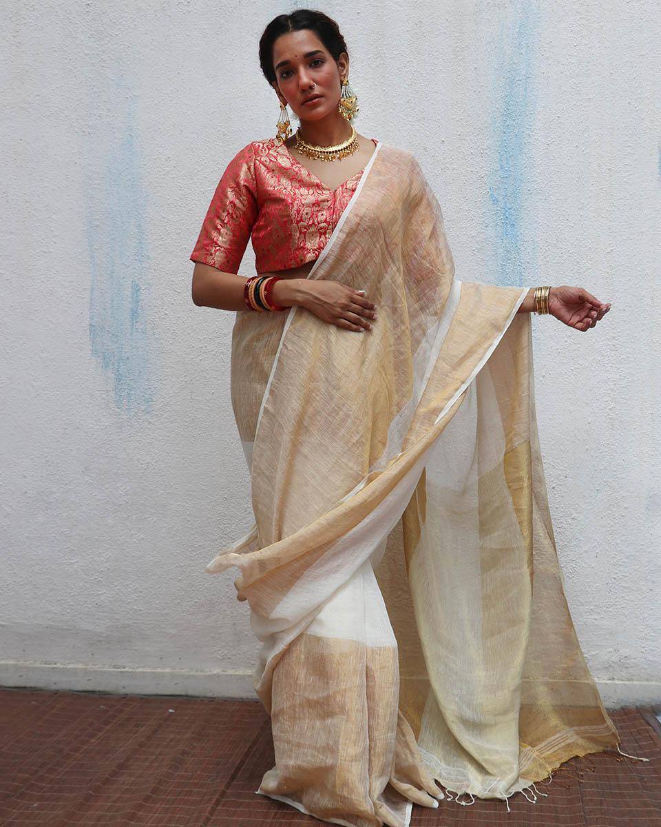 Indumukhi Golden Handwoven Linen Zari Saree - Onam