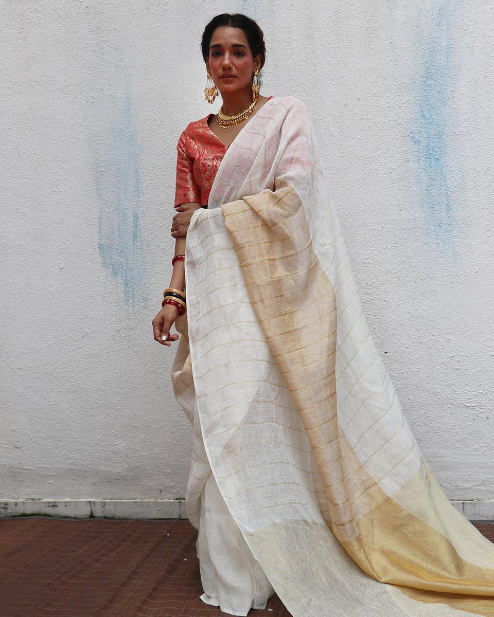 Udaya Ivory Handwoven Linen Zari Saree - Onam