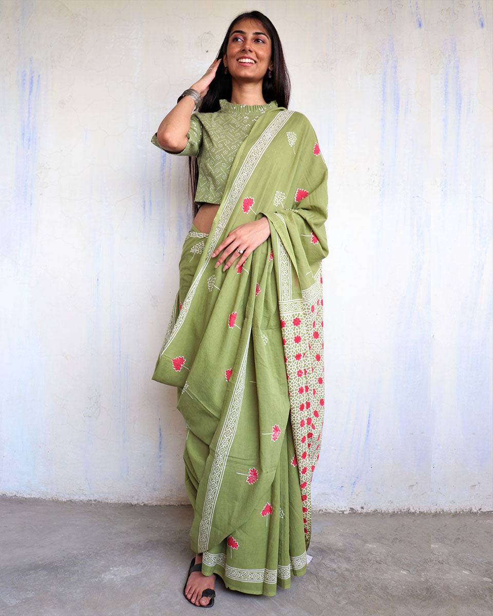 Aaina Handblockprinted Cotton Saree - Ajooni
