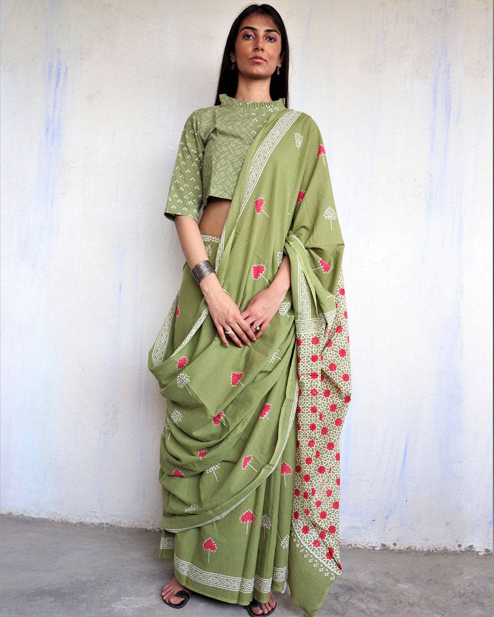 Aaina Handblockprinted Cotton Saree - Ajooni