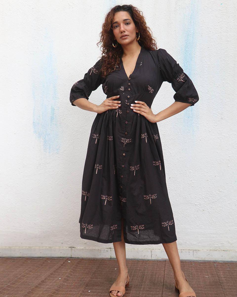 Laid Black Hand block Printed Cotton Dress - Mono
