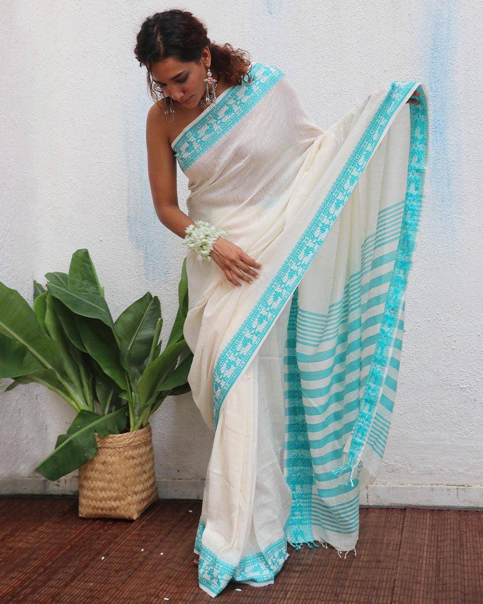 Sadhana Ivory Handwoven Linen Cotton Jamdani Saree - Uma