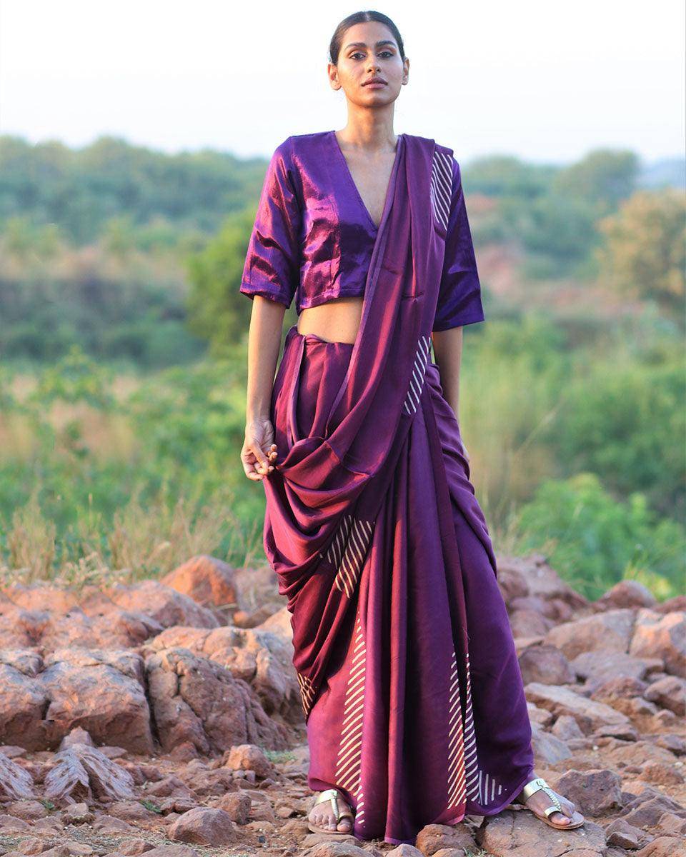 Purple Blockprinted Modal Silk Saree - Rang