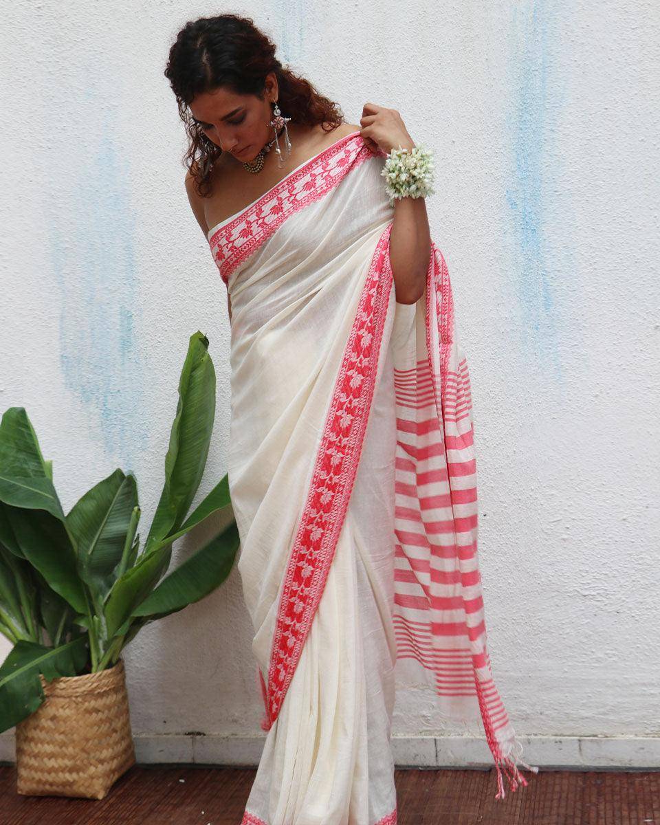 Trinetra Ivory Handwoven Linen Cotton Jamdani Saree - Uma