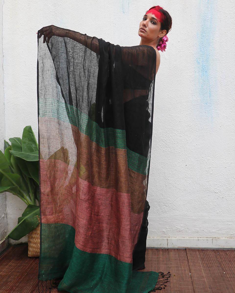 Kalavati Black Handwoven Linen Saree - Kaali