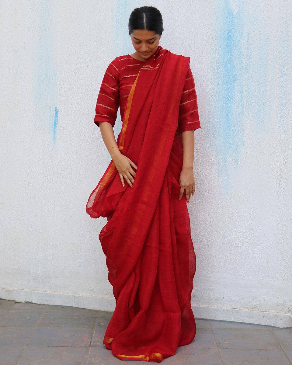 Red Charm Handwoven Linen Saree - Everyday Beautiful